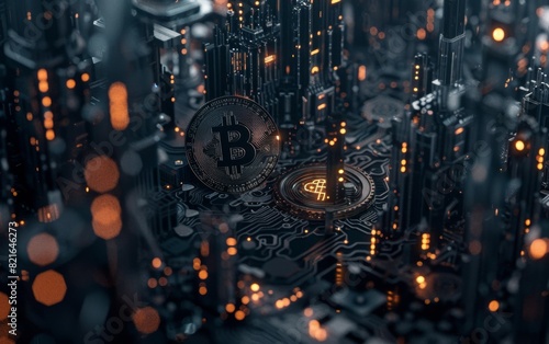 Bitcoin virtual cryptocurrency blockchain technology digital currency money gold coin exchange market future global network connections. BTC mining crypto symbol mainboard futuristic.3d rendering.