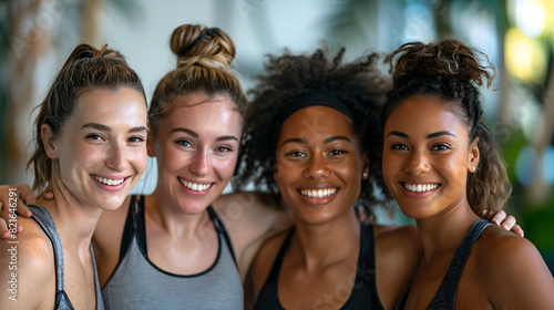 Smiling Fitness Class Posing Together, Happy Group of Gym-Goers in Exercise Session, Diverse People Exercising with Joy, Fitness Training Community, Generative AI