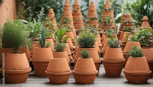 There are many clay pots on wooden shelves in front of a wall of windows