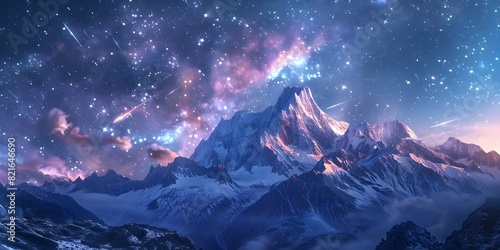 Breathtaking Nighttime Meteor Shower Over Majestic Snow Capped Mountain Landscape with Cosmic Celestial Event photo