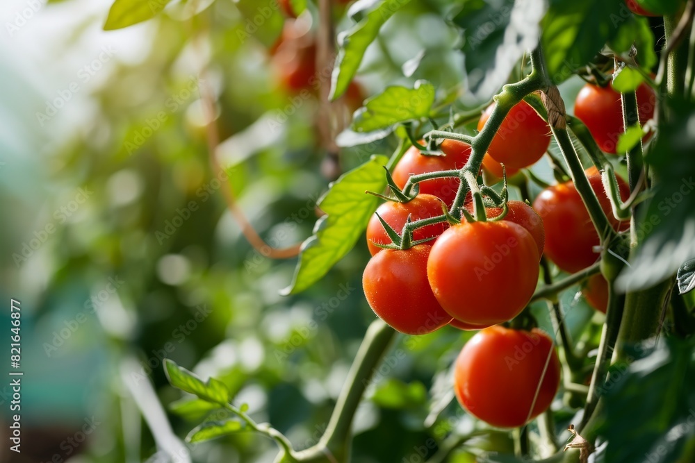 Red tomatoes on a branch in a greenhouse closeup Ripe tomatoes growing on a branch in a greenhouse, AI generated Red tomatoes on a branch in a greenhouse closeup Ripe tomatoes growing on a branch in a greenhouse, AI generated