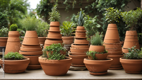 There are many clay pots on wooden shelves in front of a wall of windows