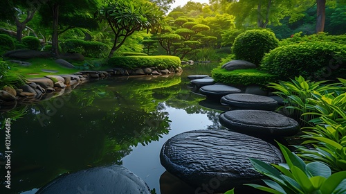A nicely designed garden with a Zen stone walk that conveys peace and tranquillity
