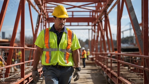 A construction worker in a hard hat and safety vest is walking on a metal structure with a bridge in the background.   © Pro