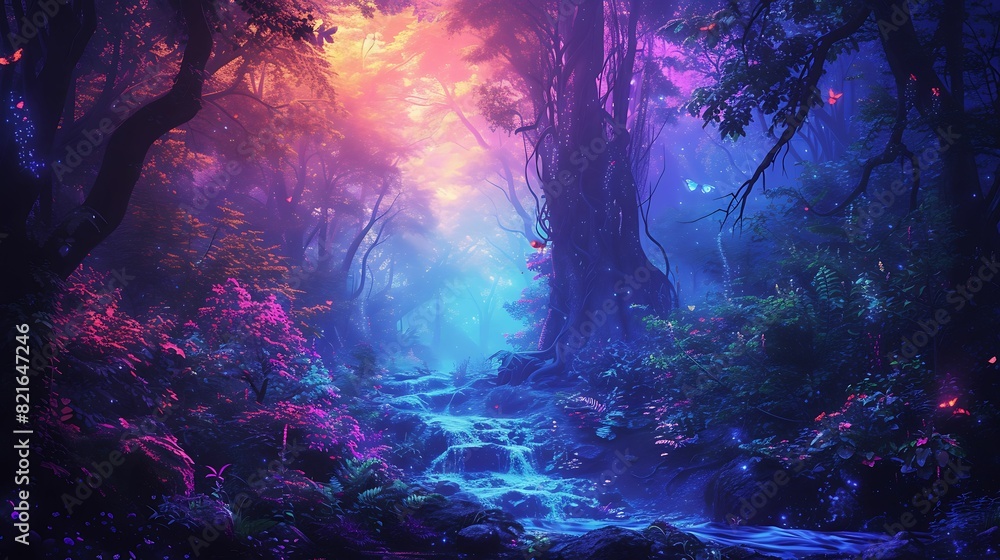 Fototapeta premium Gloomy fantasy forest scene at night with glowing lights