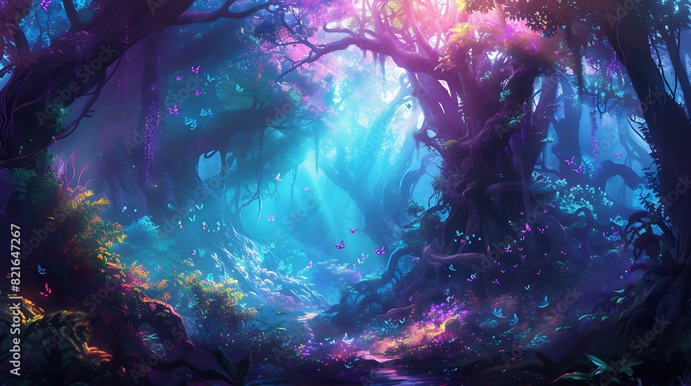 Obraz premium Gloomy fantasy forest scene at night with glowing lights