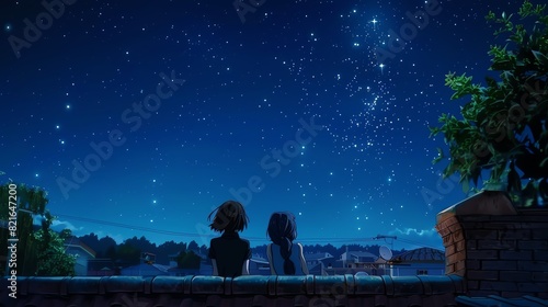 A lesbian couple stargazing on a clear night from a rooftop