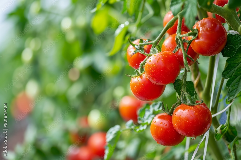 Red tomatoes on a branch in a greenhouse closeup Ripe tomatoes growing on a branch in a greenhouse, AI generated