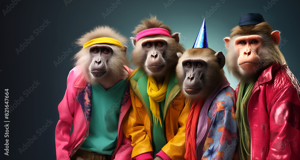 Obraz premium Creative animal concept. Group of baboon in funky Wacky wild mismatch colourful outfits on bright background advertisement, copy space. birthday party invite invitation banner 