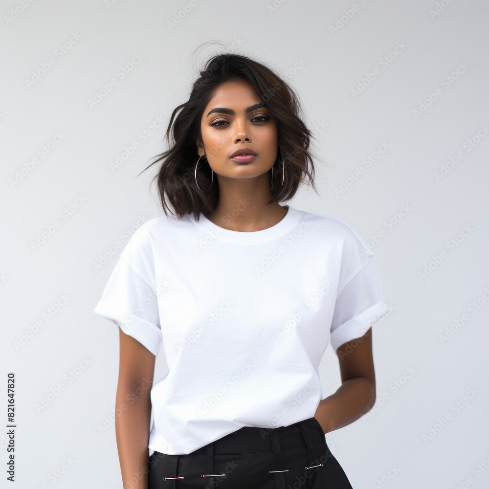 fashion shot for basic layered casual brand, on a white backdrop. Indian model. fashion shot for basic layered casual brand, on a white backdrop. Indian model.