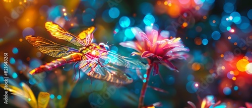 A closeup of a look strange of an insect, a dragonfly with LED wings, flying through a digital garden with blurry background, colorful styles, and closeup cinematic sharpen