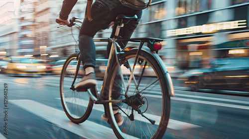 Person using a bicycle for commuting in a busy city, reducing carbon footprint.
