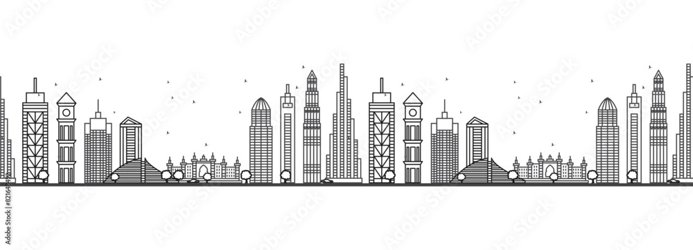 Seamless pattern with outline Dubai UAE Skyline. Modern Buildings. Line Art Cityscape with Landmarks.