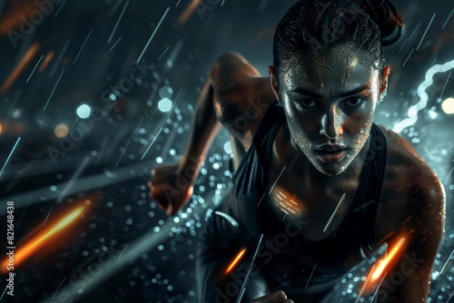 A closeup of a strong athletic woman sprinting on a black background