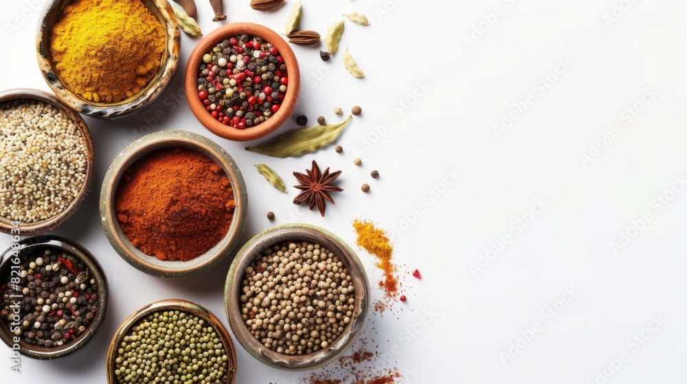 A variety of spices are arranged on a white background. The spices are in bowls and include turmeric, cumin, coriander, and chili powder.