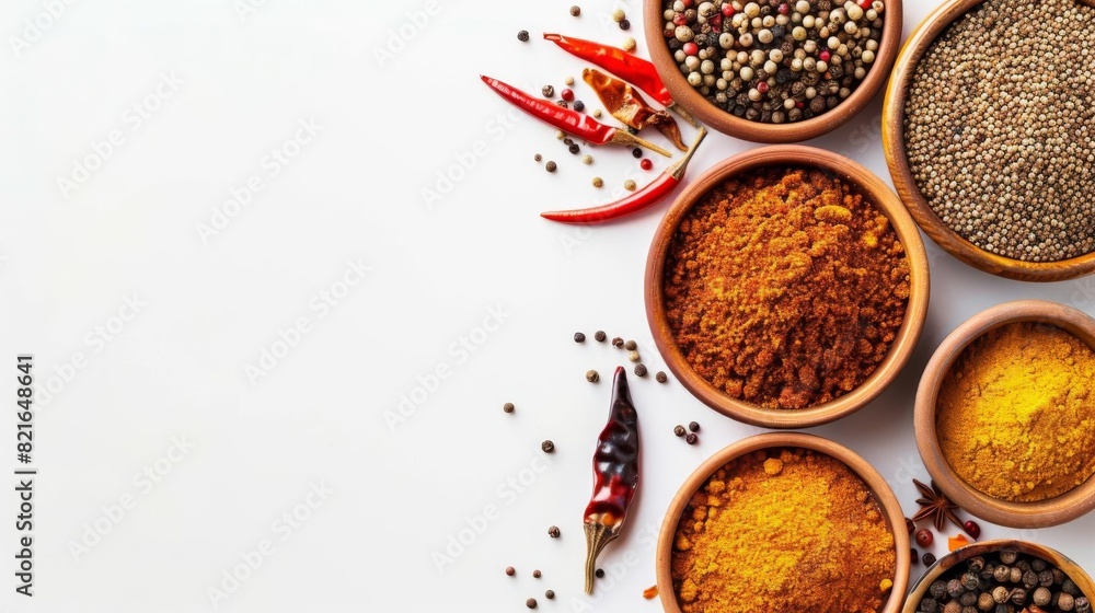A variety of spices are arranged on a white background. The spices are in wooden bowls and include chili peppers, peppercorns, cumin, coriander, and turmeric. A variety of spices are arranged on a white background. The spices are in wooden bowls and include chili peppers, peppercorns, cumin, coriander, and turmeric.