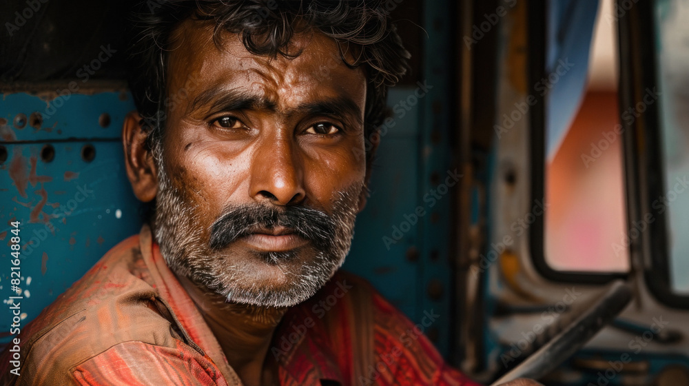Indian male truck driver standing confidently Indian male truck driver standing confidently