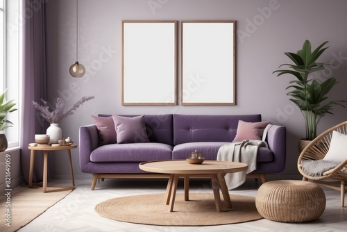 warm space with Violet sofa  wooden side tables  rattan armchair  blank poster frames
