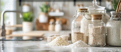 A variety of grains and seeds in glass jars and spilled on the table. Rice  wheat  and other grains.