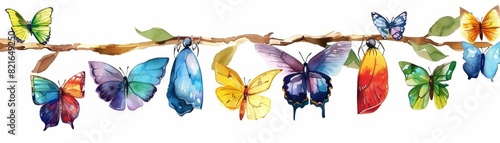 A cute water color of a butterfly pupa, hanging delicately from a branch, surrounded by a kaleidoscope of colorful butterflies, Clipart isolated on white photo
