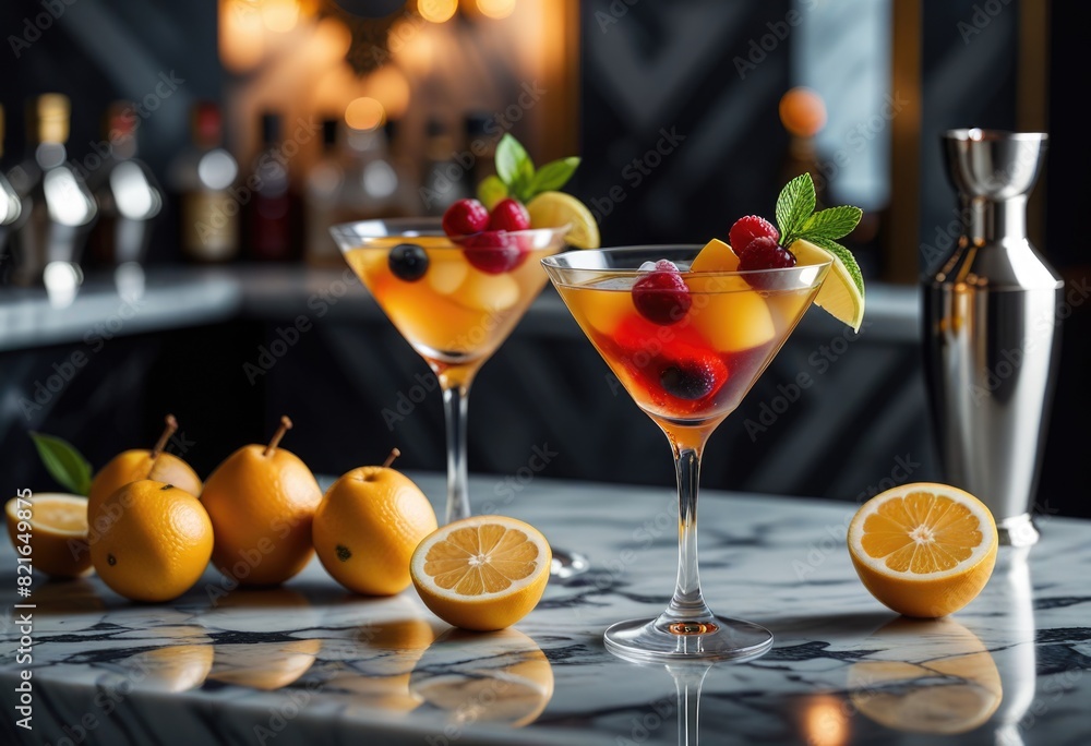 Presented in a martini glass with fruit garnish on a luxury marble table Presented in a martini glass with fruit garnish on a luxury marble table
