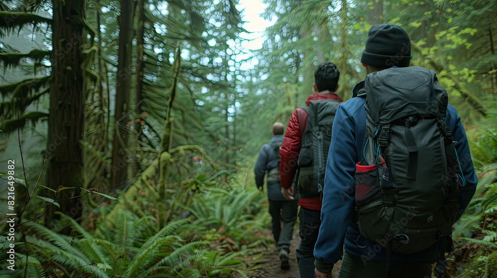 Young adults navigating a forest trail with backpacks and hiking gear.
