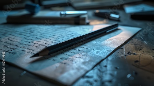 A stateoftheart pencil with builtin HUD hologram capabilities lay next to the ordinarylooking paper, merging traditional writing with cuttingedge technology photo