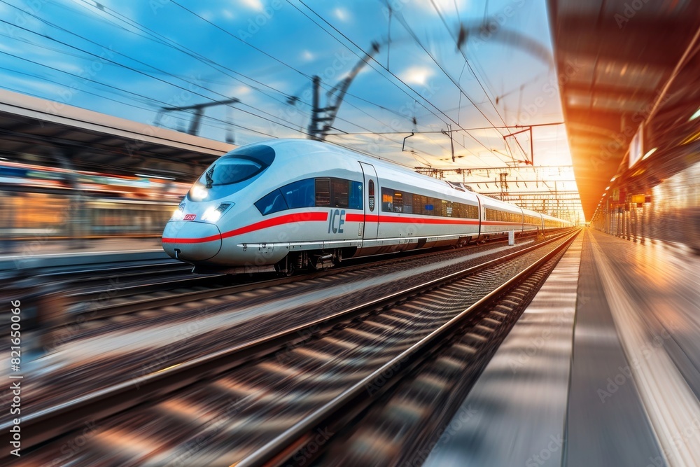 Fototapeta premium High-speed train on railway, modern high speed commuter train, AI generated