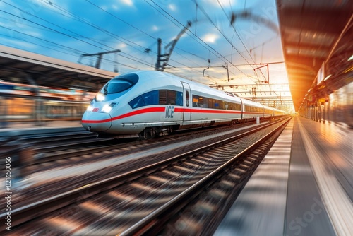 High-speed train on railway, modern high speed commuter train, AI generated