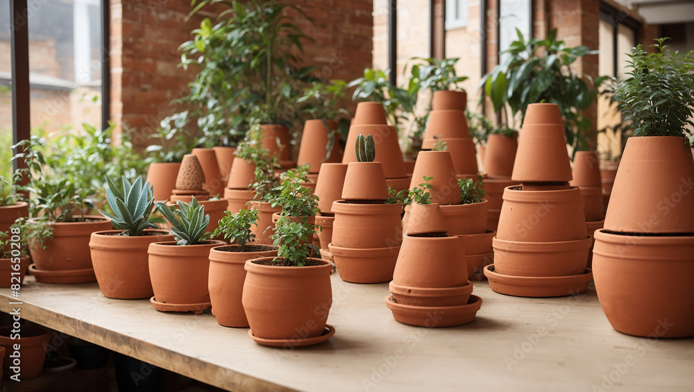 There are many different sizes of clay pots on a wooden table. Some pots have plants growing in them, and some do not.

