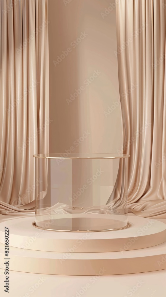 3D podium display with glass podium material against beige background, silk cloth curtain and pedestal. Perfect for showcasing beauty and cosmetic products. 3D rendered advertisement 3D podium display with glass podium material against beige background, silk cloth curtain and pedestal. Perfect for showcasing beauty and cosmetic products. 3D rendered advertisement