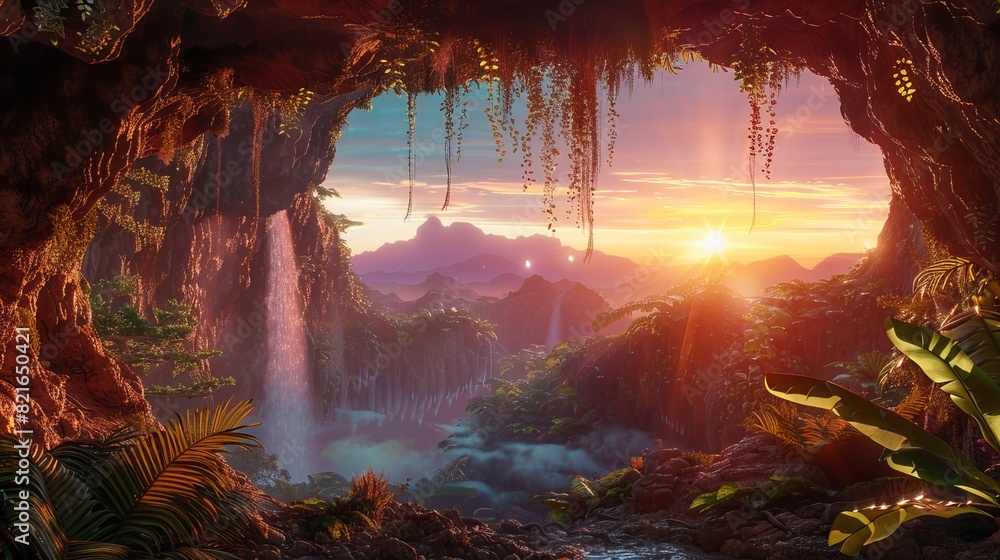 Create a breathtaking digital render of a massive diamond cave, complete with vines, mist, a waterfall, and volumetric lighting Create a breathtaking digital render of a massive diamond cave, complete with vines, mist, a waterfall, and volumetric lighting