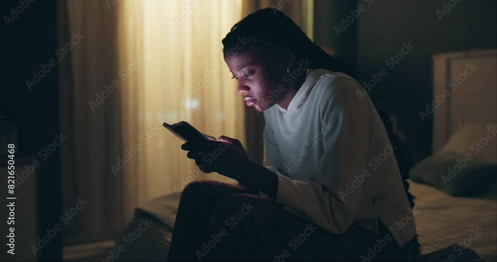 Frustrated, girl and night in home with phone notification and bored online with social media or chat. Reading, news and woman scroll smartphone with insomnia, stress and late search on internet
