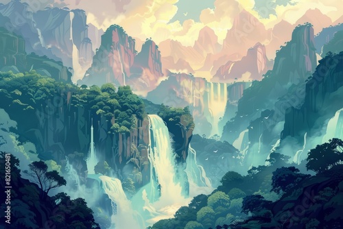Amazing landscape view of a valley with waterfalls cascading from floating mountains, retro color, illustration template © JK_kyoto