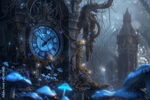 An enormous clock tower, overtaken by vines and glowing blue mushrooms, ticked away the last moments of a forgotten world with blurry background, scifi photo, sharpen banner photo