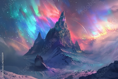 An isolated mountain peak where a single, abandoned outpost stood, surrounded by swirling, multicolored auroras with blurry background, scifi photo, sharpen banner photo