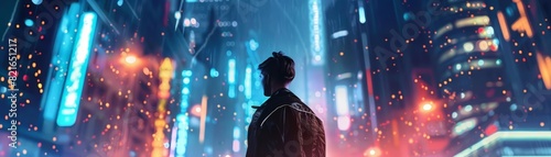 Business concept featuring an entrepreneur launching an ondemand service, illustrated in cyberpunk 80s styles with a sharpen banner and a blurry urban background photo