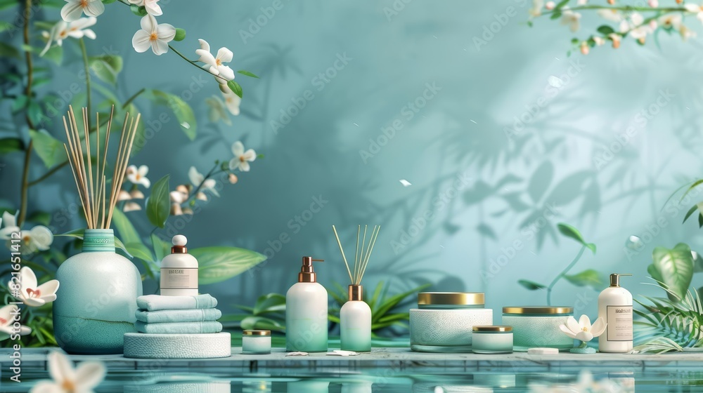 Chinese art style creative design with intricate personal care products, set in a whimsical and dreamlike spa environment, presented with a sharpened banner template