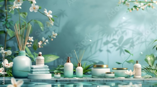Chinese art style creative design with intricate personal care products, set in a whimsical and dreamlike spa environment, presented with a sharpened banner template © JK_kyoto