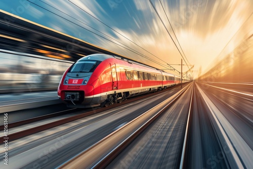 High-speed train on railway, modern high speed commuter train,  AI generated photo