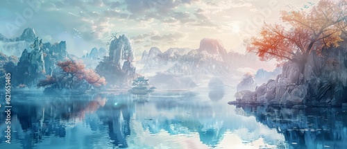Chinese art style creative design integrated with advanced medical technology in an otherworldly landscape  using a sharpened banner template with copy space