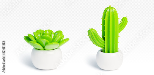 3d cactus in pot. Succulent home plant render. Isolated house interior decoration icon. Green cacti growth for indoor office garden in summer. Decorative exotic houseplant front view collection
