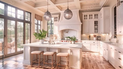 Wallpaper Mural A blend of sophistication and comfort defines this luxury kitchen, with its white interior, wooden floor, and a central kitchen island designed for both aesthetics and practicality. Torontodigital.ca