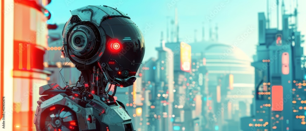 Creative and colorful paper art of a futuristic robot adorned with vibrant metallic hues, placed in a bustling cyberpunk city, illustration template Creative and colorful paper art of a futuristic robot adorned with vibrant metallic hues, placed in a bustling cyberpunk city, illustration template