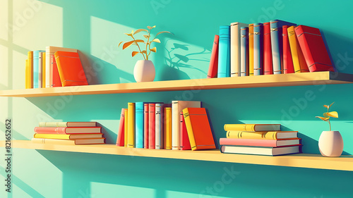 Vector illustration of shelves of colorful books in a library against a green background.