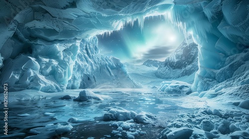 Creative amazing view of a glacier with shimmering ice sculptures and aurorafilled skies, classic styles color, sharpen landscape