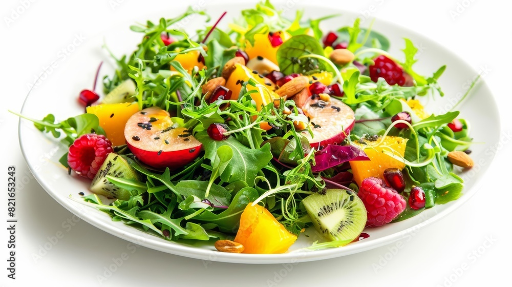 Delicious of rainbow salad with a mix of greens, fruits, and nuts, creating a visually appealing and nutrientdense meal on a pristine white background Delicious of rainbow salad with a mix of greens, fruits, and nuts, creating a visually appealing and nutrientdense meal on a pristine white background
