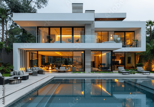 Luxury home exterior with warm lighting inside and pool outside. Created with Ai © Picture