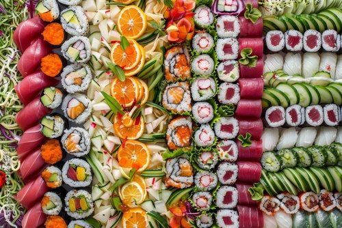 Food collage assorted with sushi, sashimi, and nigiri arranged in a vibrant and colorful pattern, featuring various vegetables and healthy food in an eyecatching layout