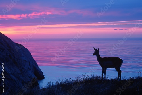 Deer Silhouette Against Vibrant Coastal Sunset